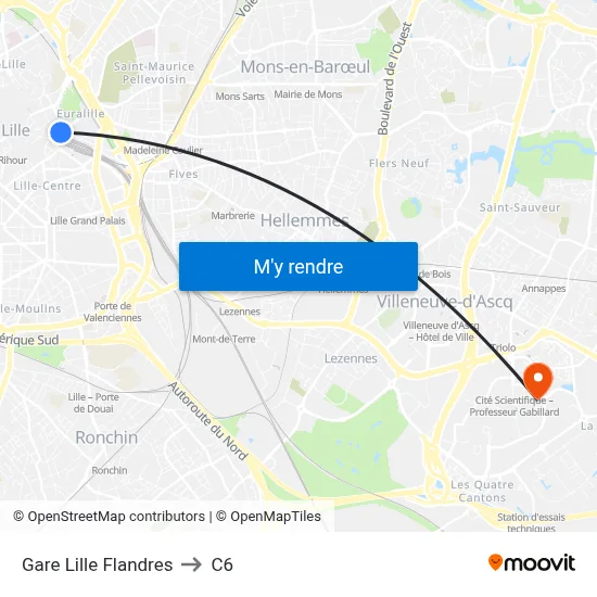 Gare Lille Flandres to C6 map
