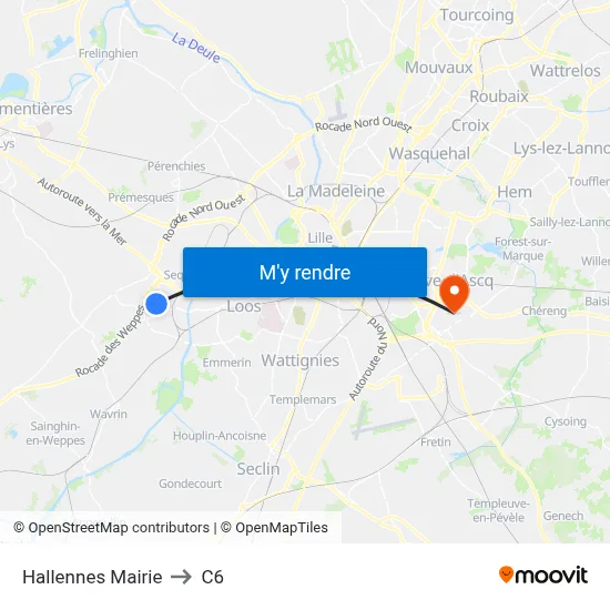 Hallennes Mairie to C6 map