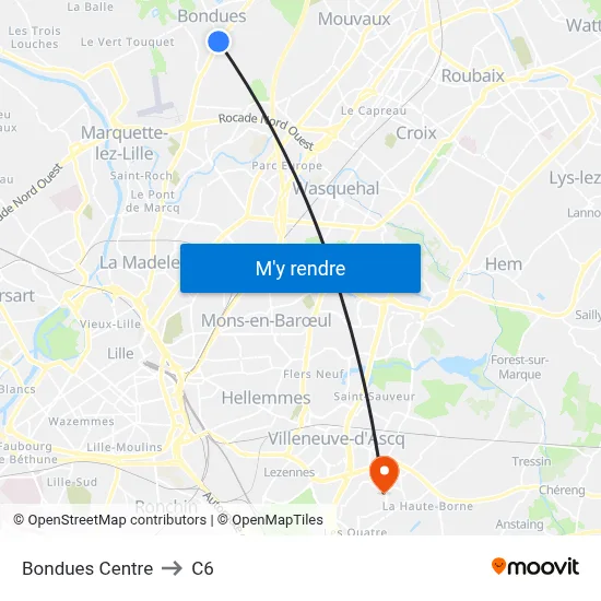 Bondues Centre to C6 map