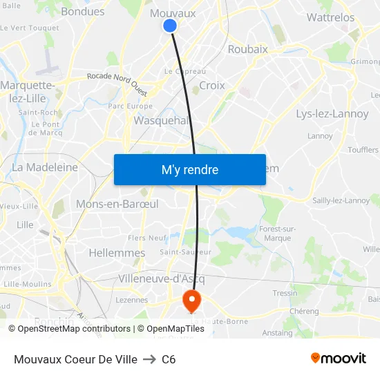 Mouvaux Coeur De Ville to C6 map