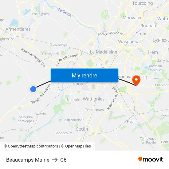 Beaucamps Mairie to C6 map