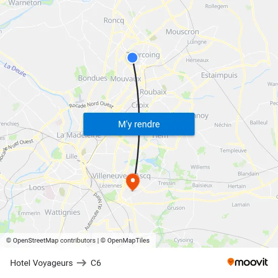 Hotel Voyageurs to C6 map