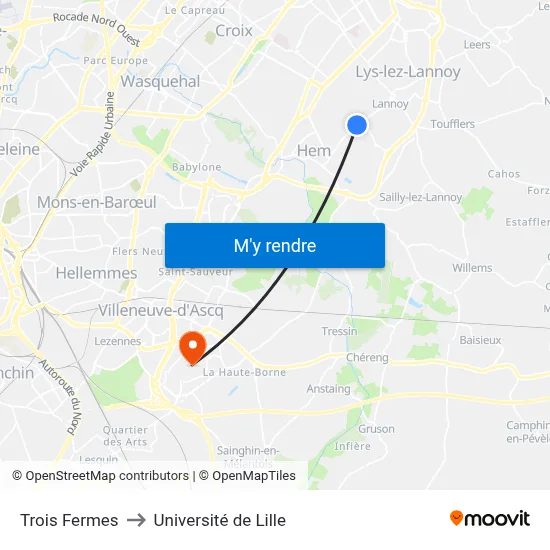 Trois Fermes to Université de Lille map