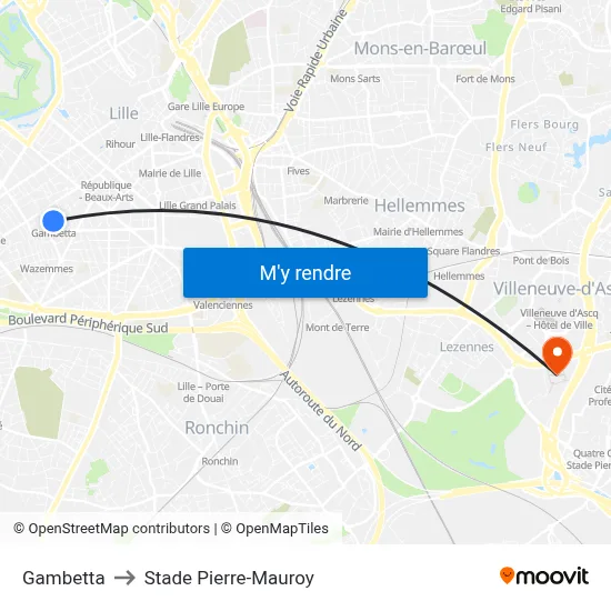 Gambetta to Stade Pierre-Mauroy map