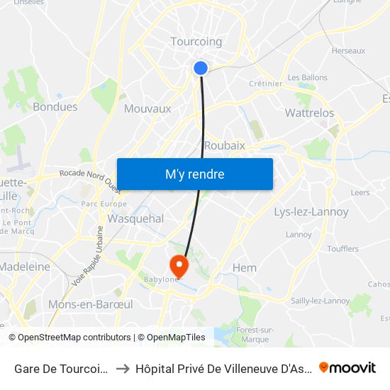 Gare De Tourcoing to Hôpital Privé De Villeneuve D'Ascq map