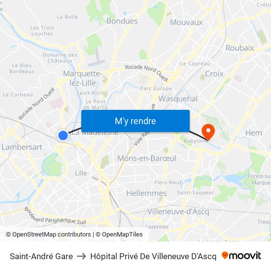 Saint-André Gare to Hôpital Privé De Villeneuve D'Ascq map