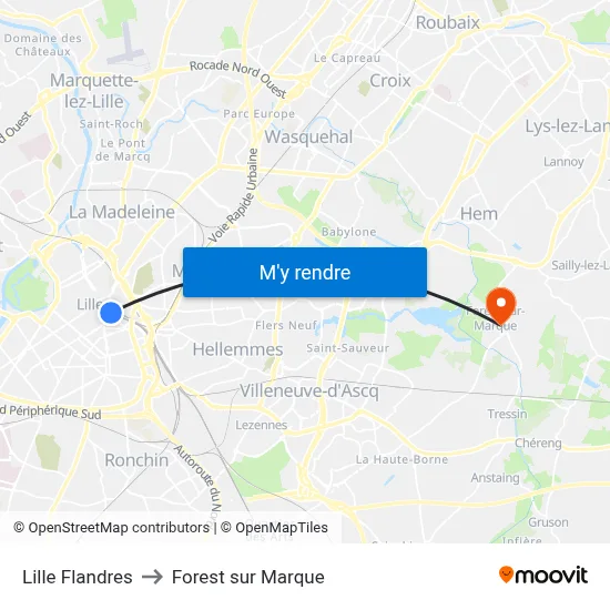 Lille Flandres to Forest sur Marque map