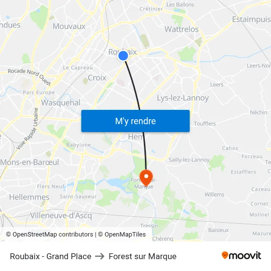 Roubaix - Grand Place to Forest sur Marque map