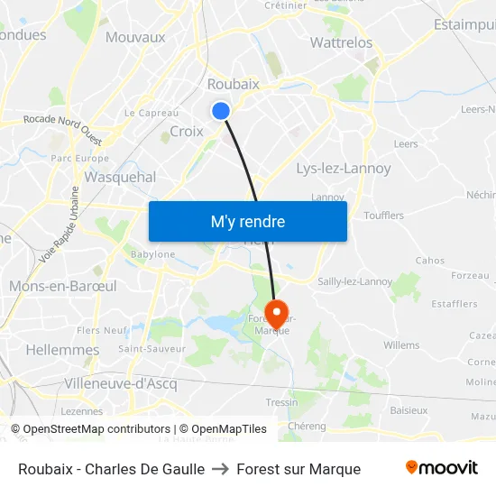 Roubaix - Charles De Gaulle to Forest sur Marque map
