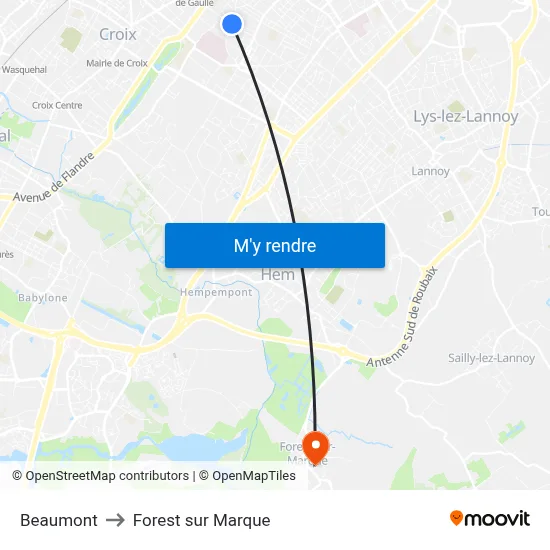 Beaumont to Forest sur Marque map