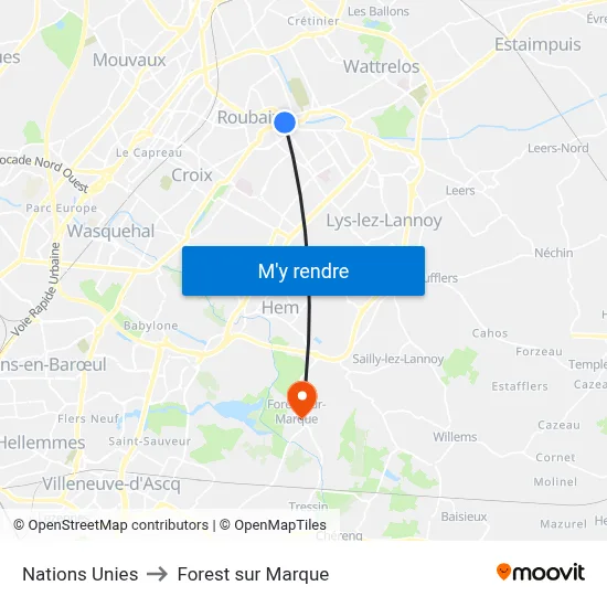 Nations Unies to Forest sur Marque map