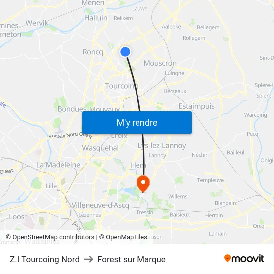 Z.I Tourcoing Nord to Forest sur Marque map