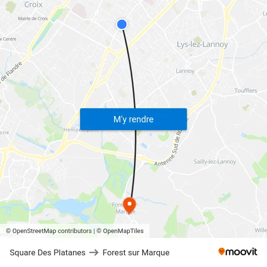 Square Des Platanes to Forest sur Marque map