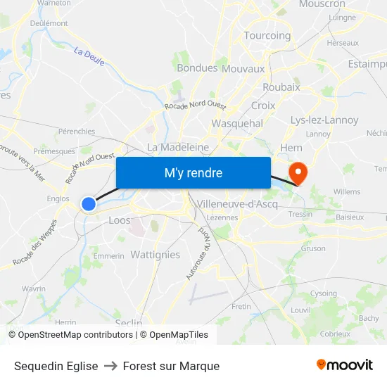 Sequedin Eglise to Forest sur Marque map