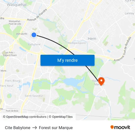 Cite Babylone to Forest sur Marque map