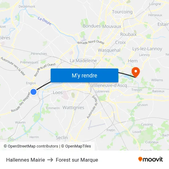 Hallennes Mairie to Forest sur Marque map