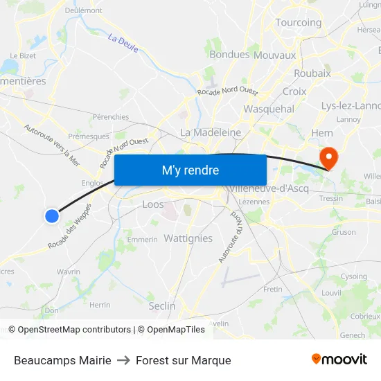 Beaucamps Mairie to Forest sur Marque map