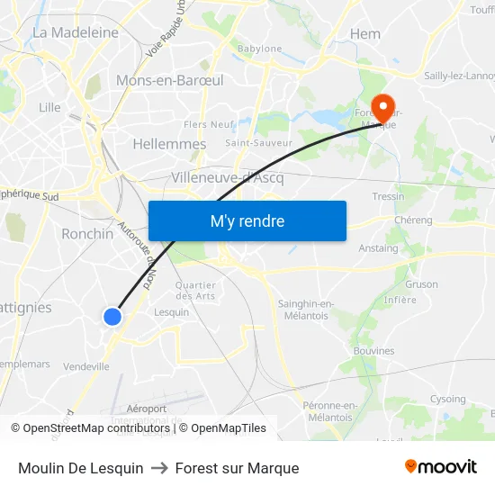 Moulin De Lesquin to Forest sur Marque map