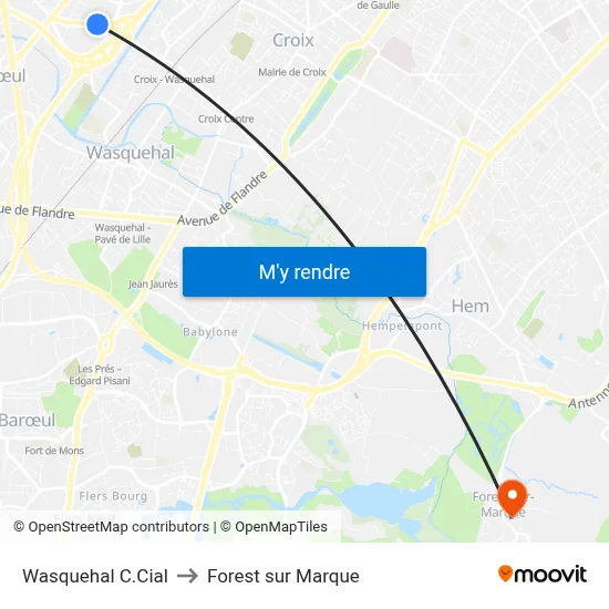 Wasquehal C.Cial to Forest sur Marque map