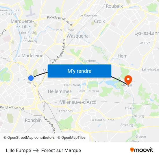 Lille Europe to Forest sur Marque map