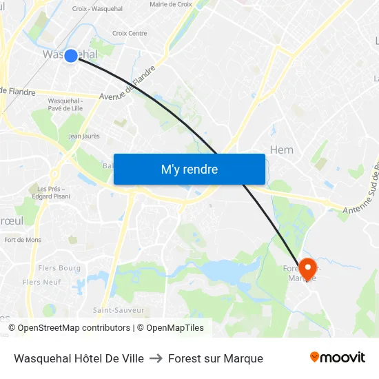 Wasquehal Hôtel De Ville to Forest sur Marque map