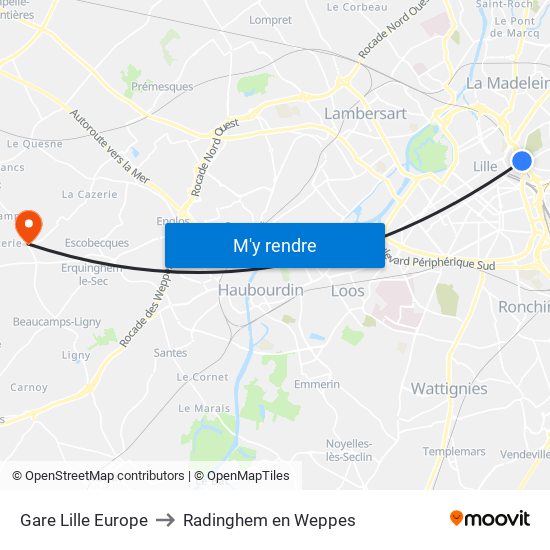 Gare Lille Europe to Radinghem en Weppes map