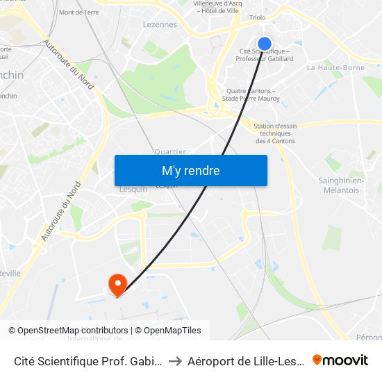 Cité Scientifique Prof. Gabillard to Aéroport de Lille-Lesquin map