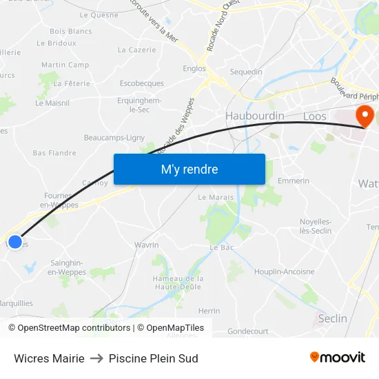 Wicres Mairie to Piscine Plein Sud map