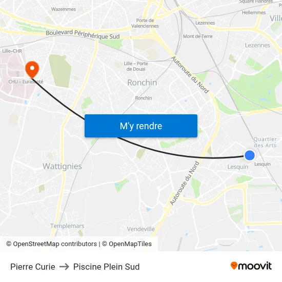 Pierre Curie to Piscine Plein Sud map
