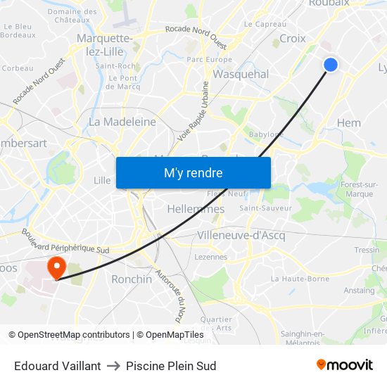 Edouard Vaillant to Piscine Plein Sud map