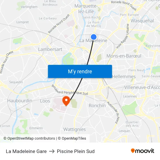 La Madeleine Gare to Piscine Plein Sud map