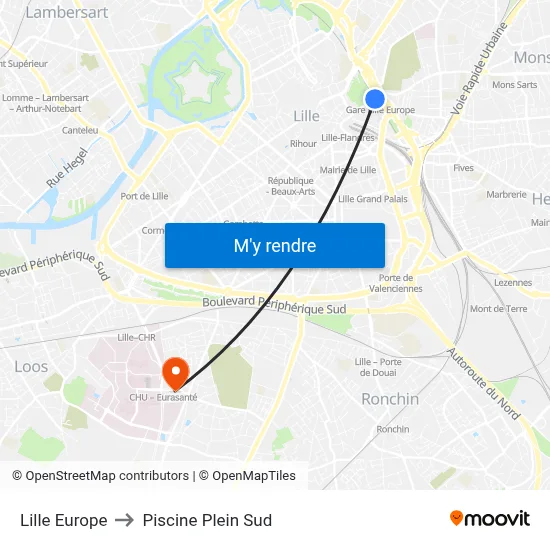 Lille Europe to Piscine Plein Sud map