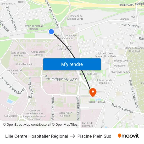 Lille Centre Hospitalier Régional to Piscine Plein Sud map