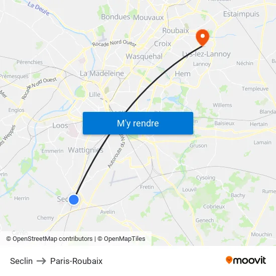 Seclin to Paris-Roubaix map
