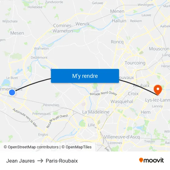 Jean Jaures to Paris-Roubaix map