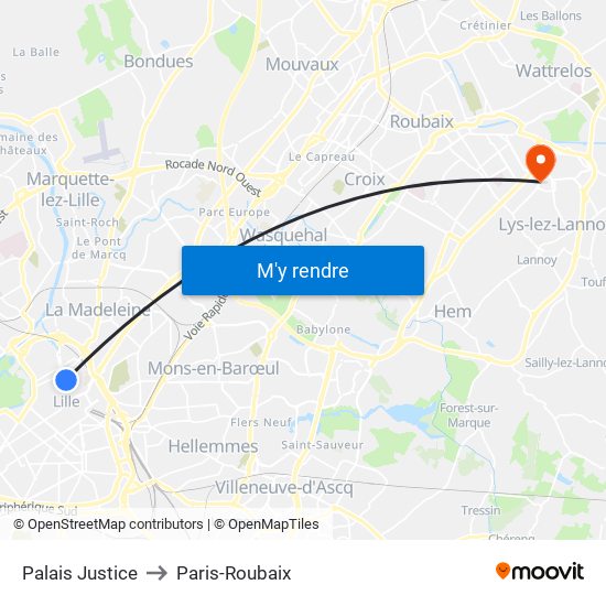 Palais Justice to Paris-Roubaix map