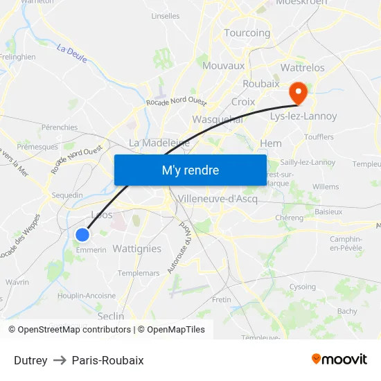 Dutrey to Paris-Roubaix map