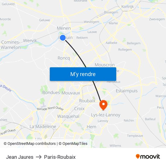 Jean Jaures to Paris-Roubaix map