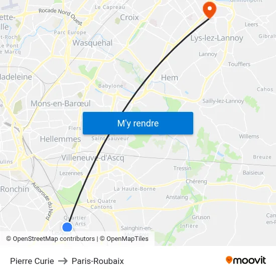 Pierre Curie to Paris-Roubaix map