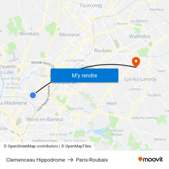 Clemenceau Hippodrome to Paris-Roubaix map