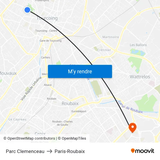 Parc Clemenceau to Paris-Roubaix map