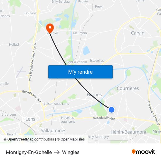 Montigny-En-Gohelle to Wingles map