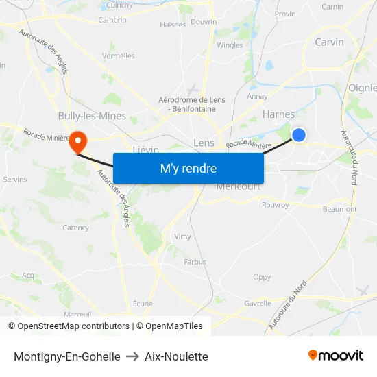 Montigny-En-Gohelle to Aix-Noulette map
