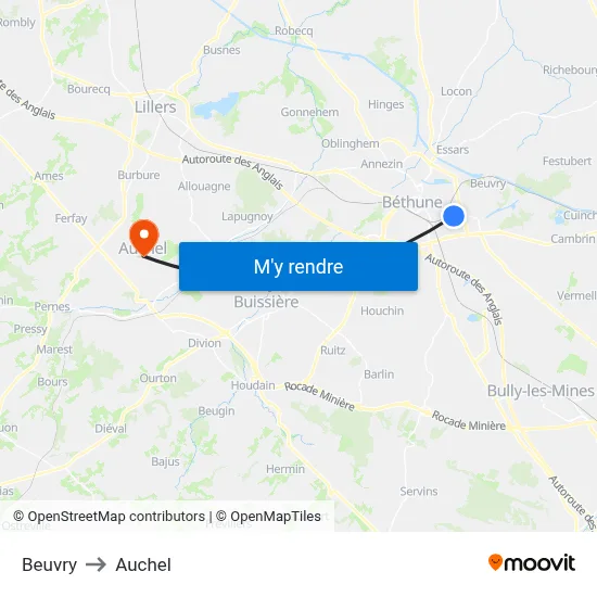Beuvry to Auchel map