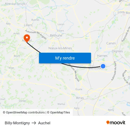 Billy-Montigny to Auchel map