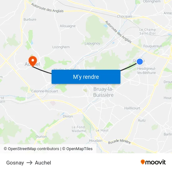 Gosnay to Auchel map