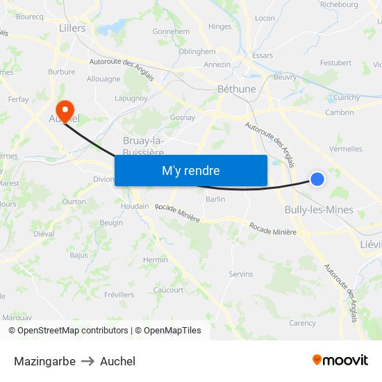 Mazingarbe to Auchel map