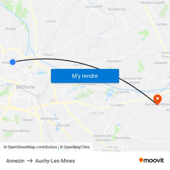 Annezin to Auchy-Les-Mines map