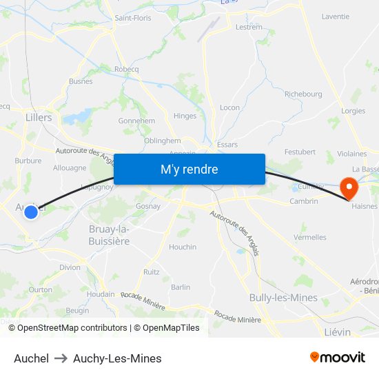 Auchel to Auchy-Les-Mines map