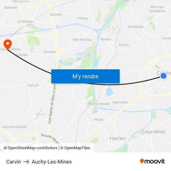 Carvin to Auchy-Les-Mines map